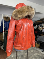 Crimson Croc Leather Jacket with Fur Trim Hood