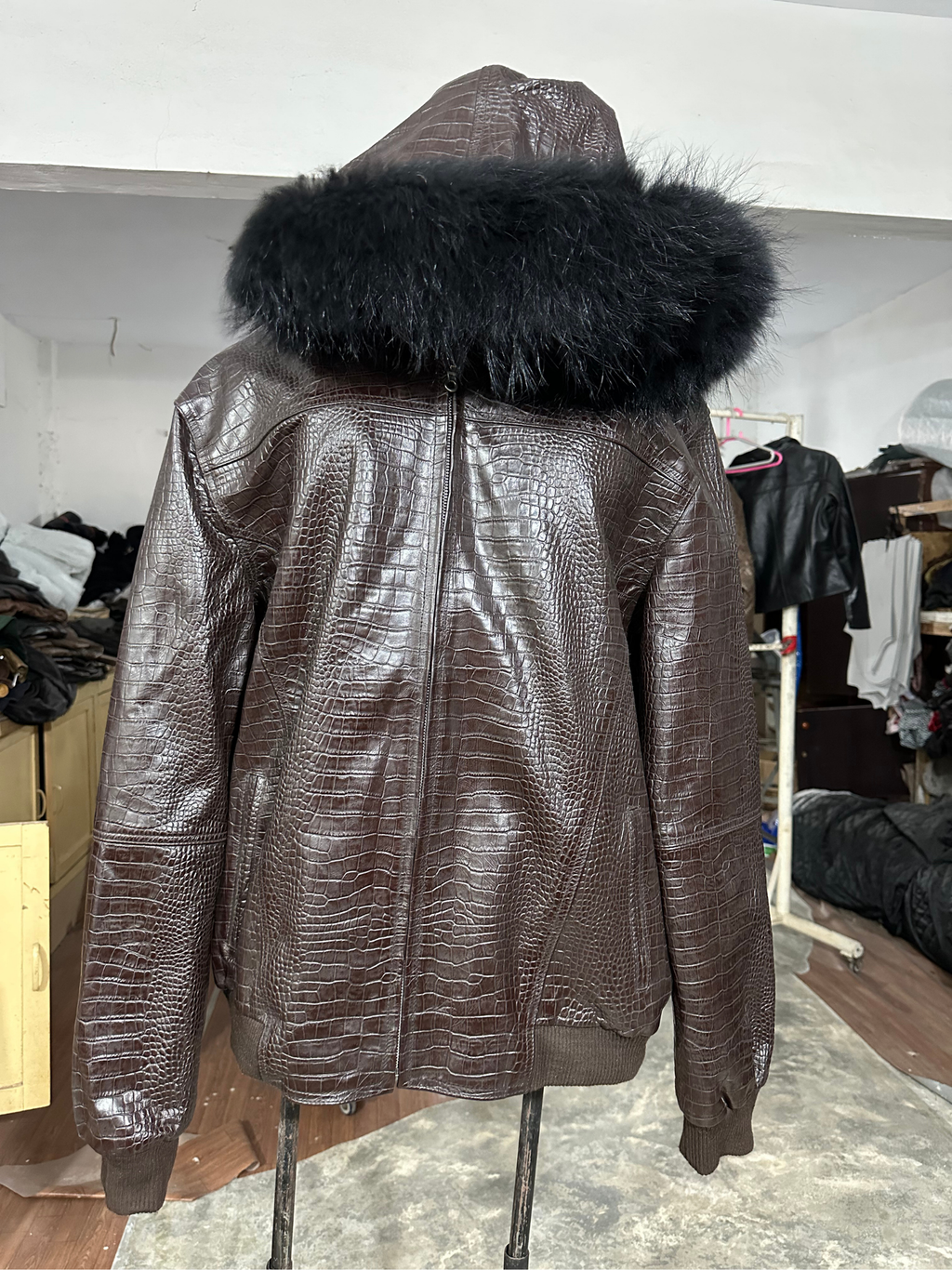 Espresso Croc Hooded Bomber Jacket