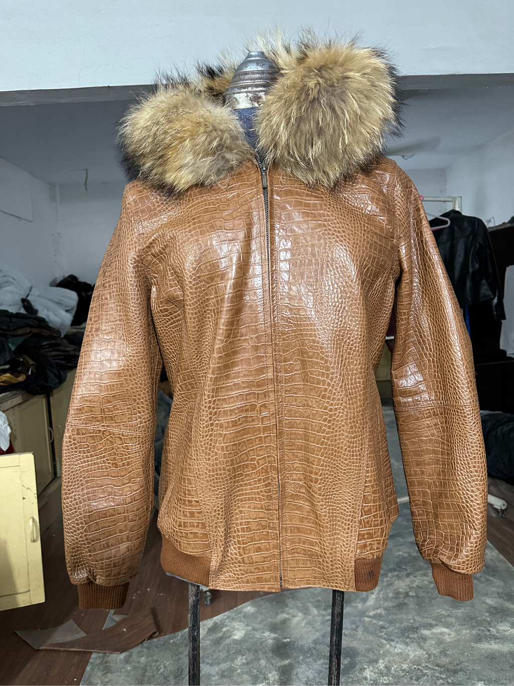 Cognac Croc Fur-Trimmed Leather Jacket