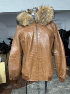 Cognac Croc Fur-Trimmed Leather Jacket