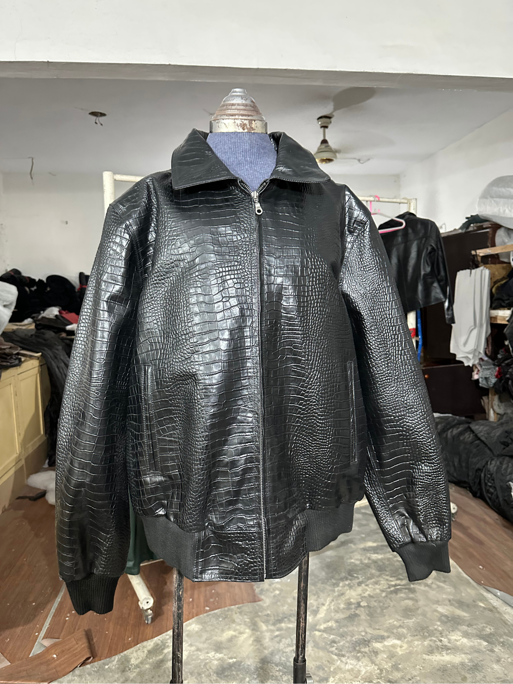 Black Crocodile Leather Bomber Jacket