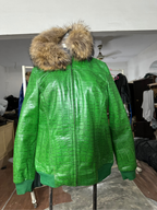 Emerald Croc Leather Bomber with Fur Hood