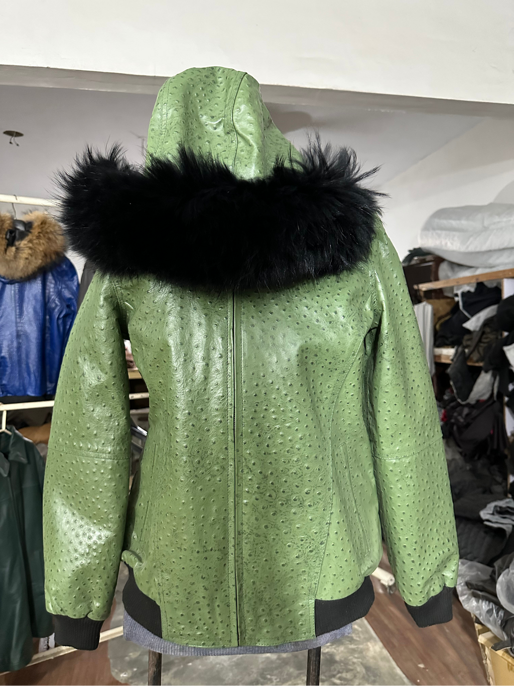 Sage Ostrich Leather Hooded Jacket with Black Fur