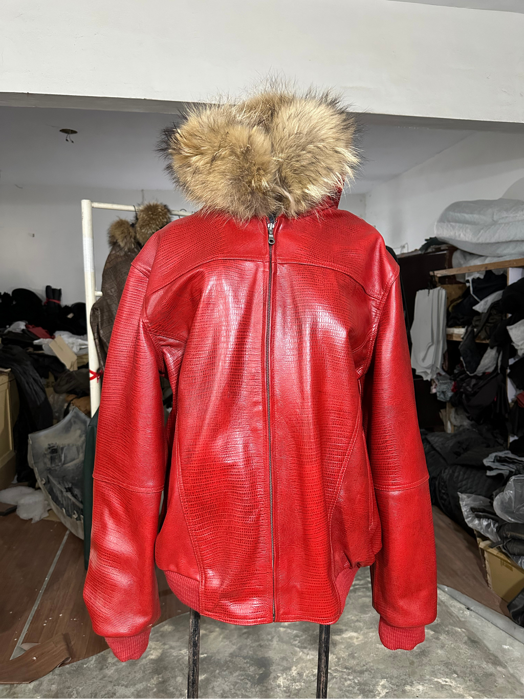 Crimson Red Lizard Leather Parka