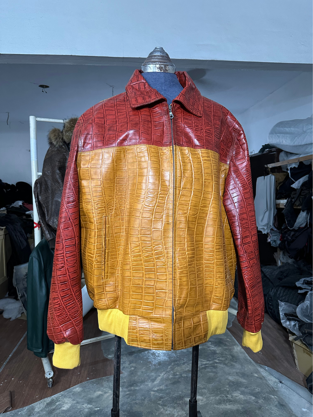 Two-Tone Rust & Gold Croc Leather Jacket