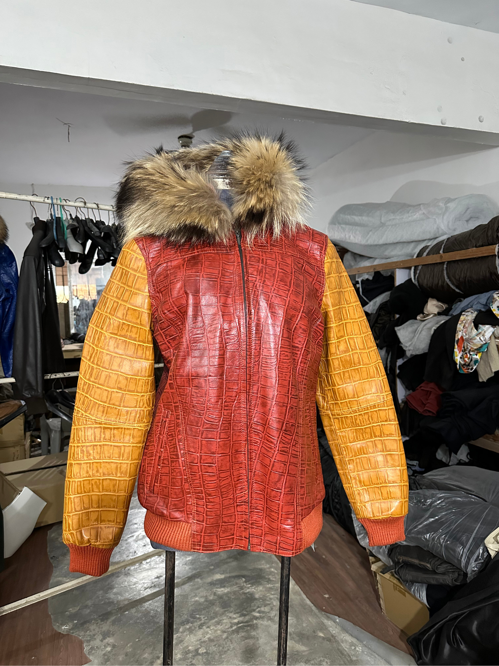 Two-Tone Croc Leather Bomber with Fur Hood