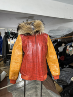 Two-Tone Croc Leather Bomber with Fur Hood