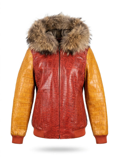 Two-Tone Croc Leather Bomber with Fur Hood