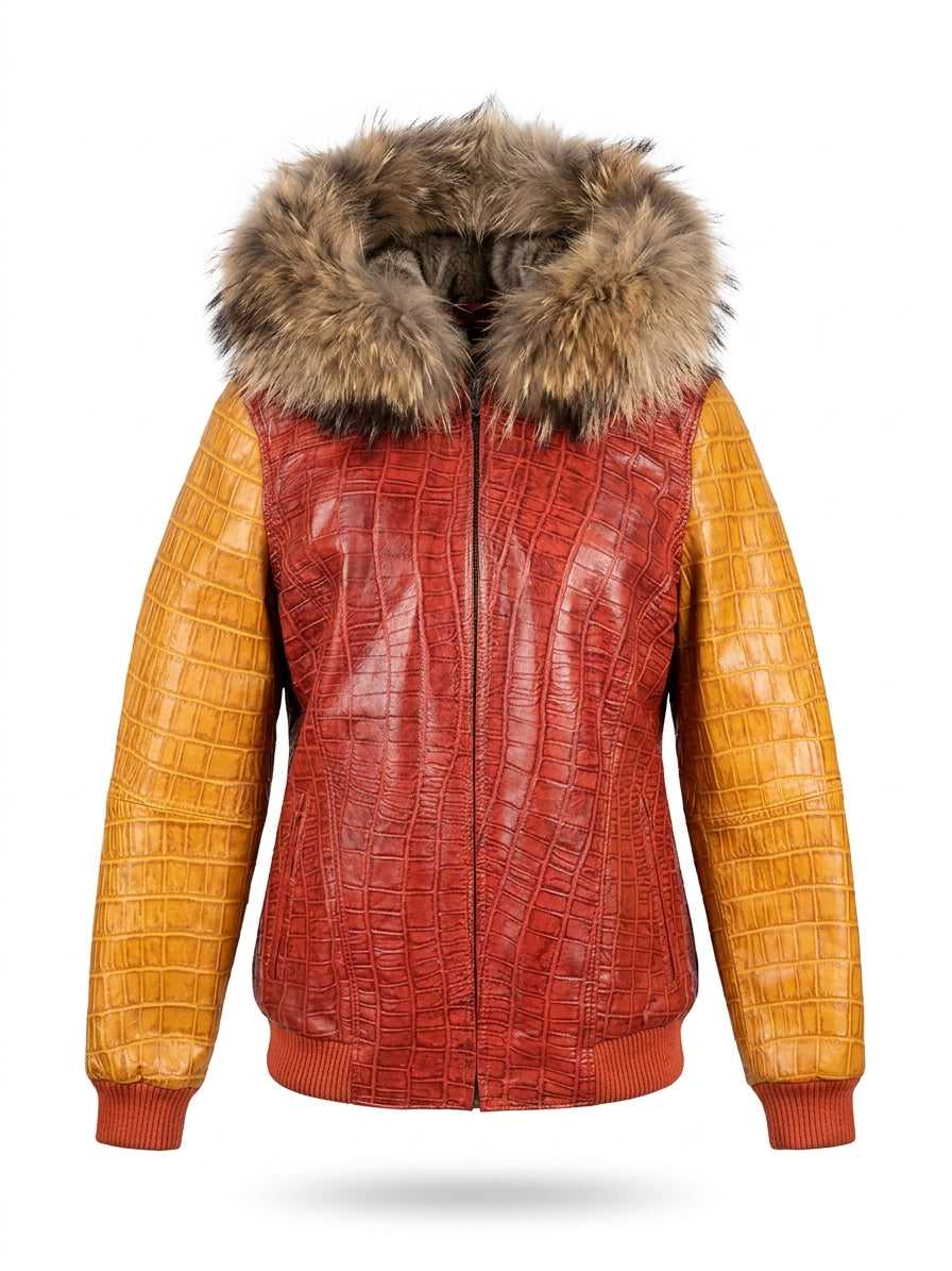 Two-Tone Croc Leather Bomber with Fur Hood