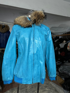 Cyan Blue Croc Leather Jacket with Fur Hood