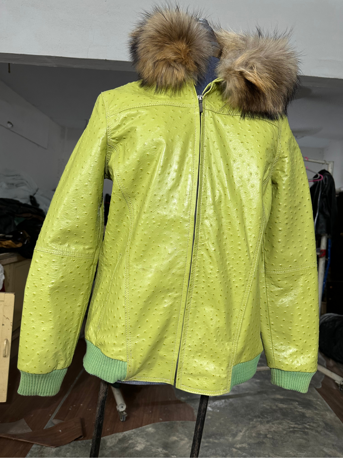 Lime Green Ostrich Leather Jacket with Fur Trim