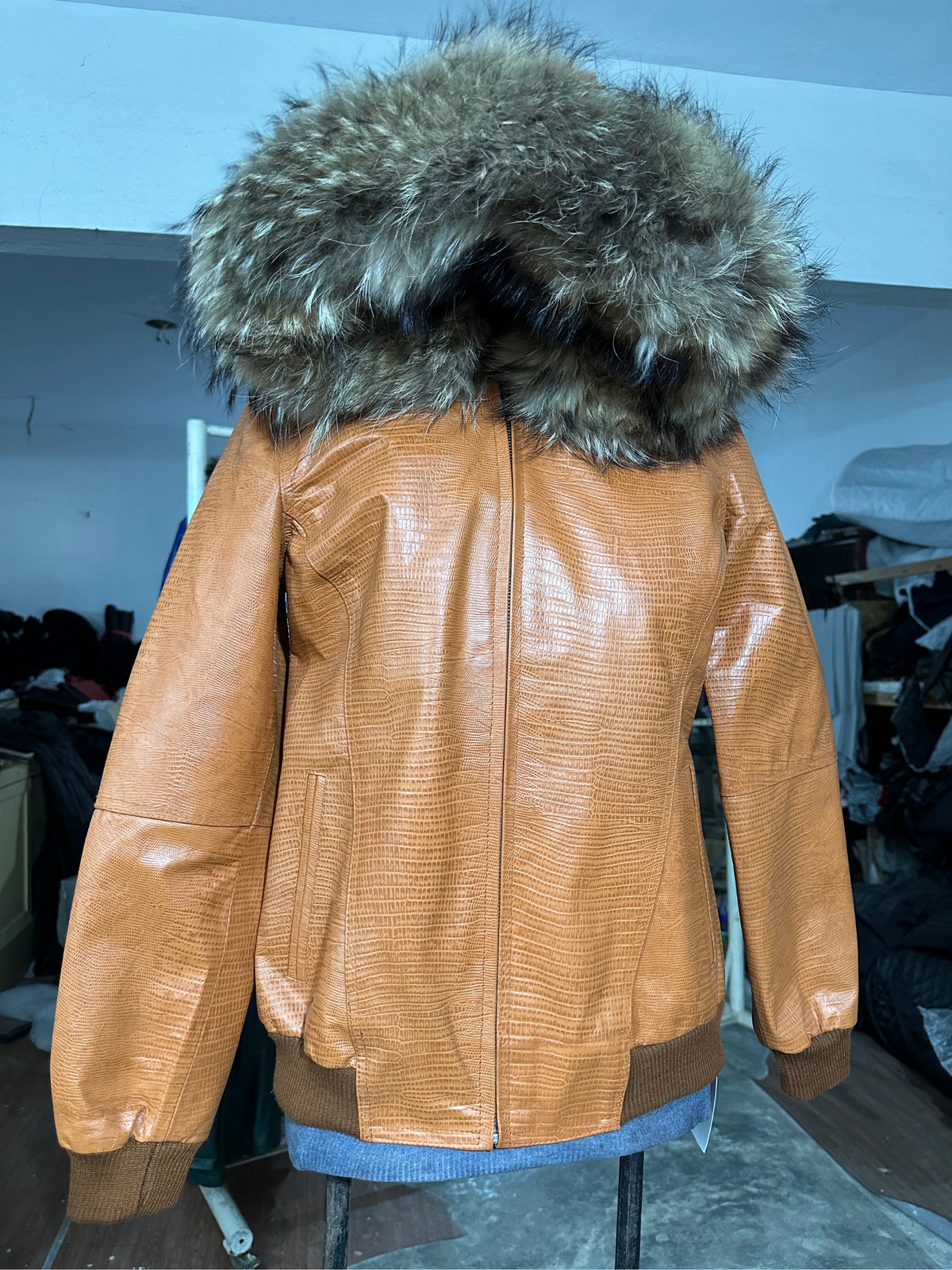 Cognac Croc Leather Bomber with Oversized Fur Hood