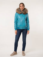 Cyan Blue Croc Leather Jacket with Fur Hood