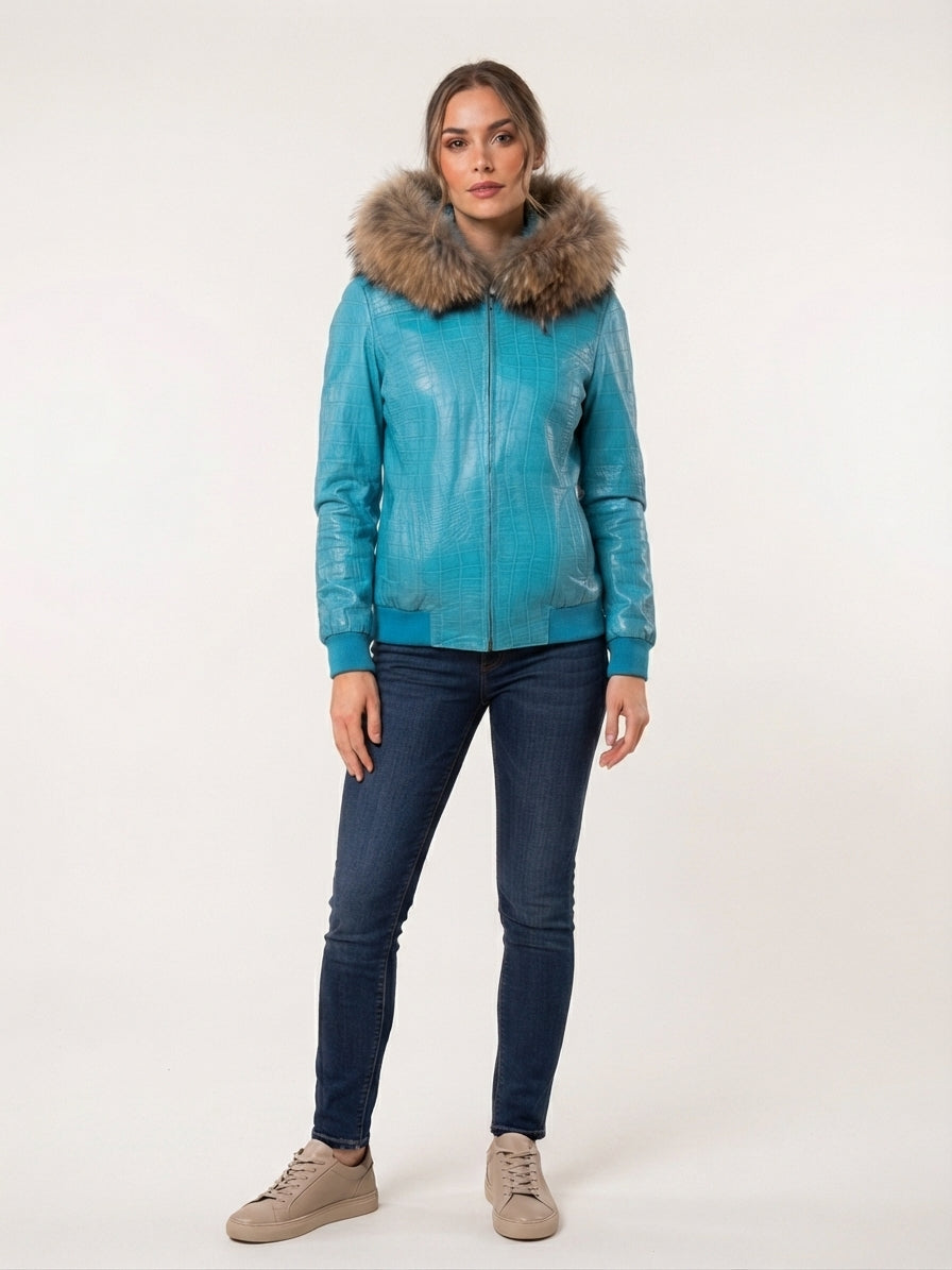 Cyan Blue Croc Leather Jacket with Fur Hood