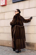 Women’s Long Dark Brown Mink Coat with Belt and Shawl Collar