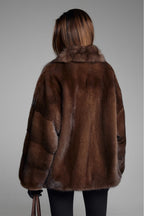 Women’s Chocolate Brown Mink Fur Jacket with Plush Statement Collar