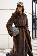 Women’s Long Chocolate Brown Mink Coat with Belt and Shawl Collar