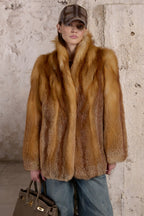 Women’s Golden Brown Fox Fur Jacket with Shawl Collar