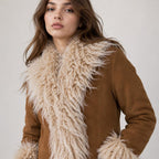 Women’s Long Brown Suede Penny Lane Coat with Cream Fur Trim