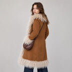 Women’s Long Brown Suede Penny Lane Coat with Cream Fur Trim