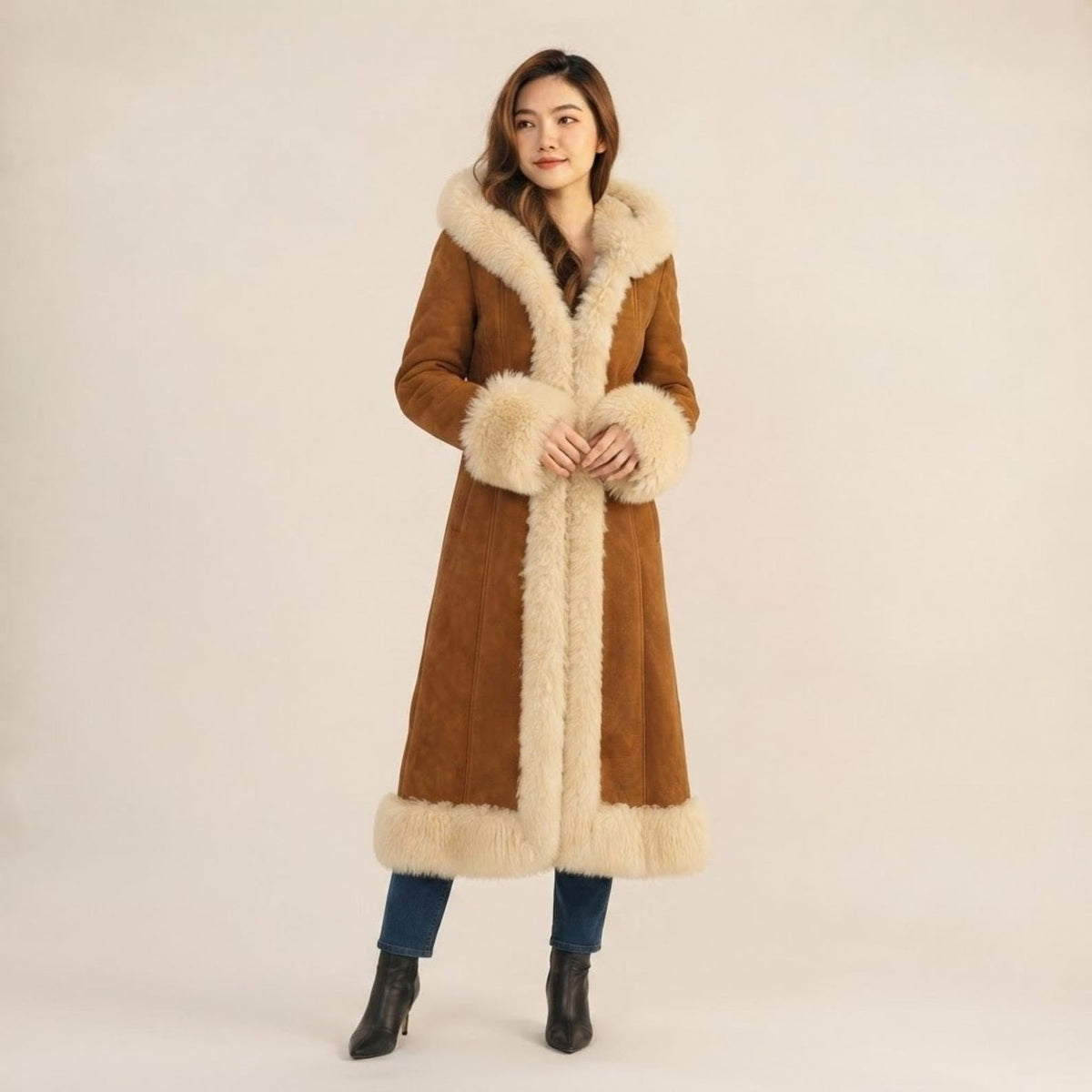 Women’s Long Brown Hooded Penny Lane Coat with Cream Fur Trim
