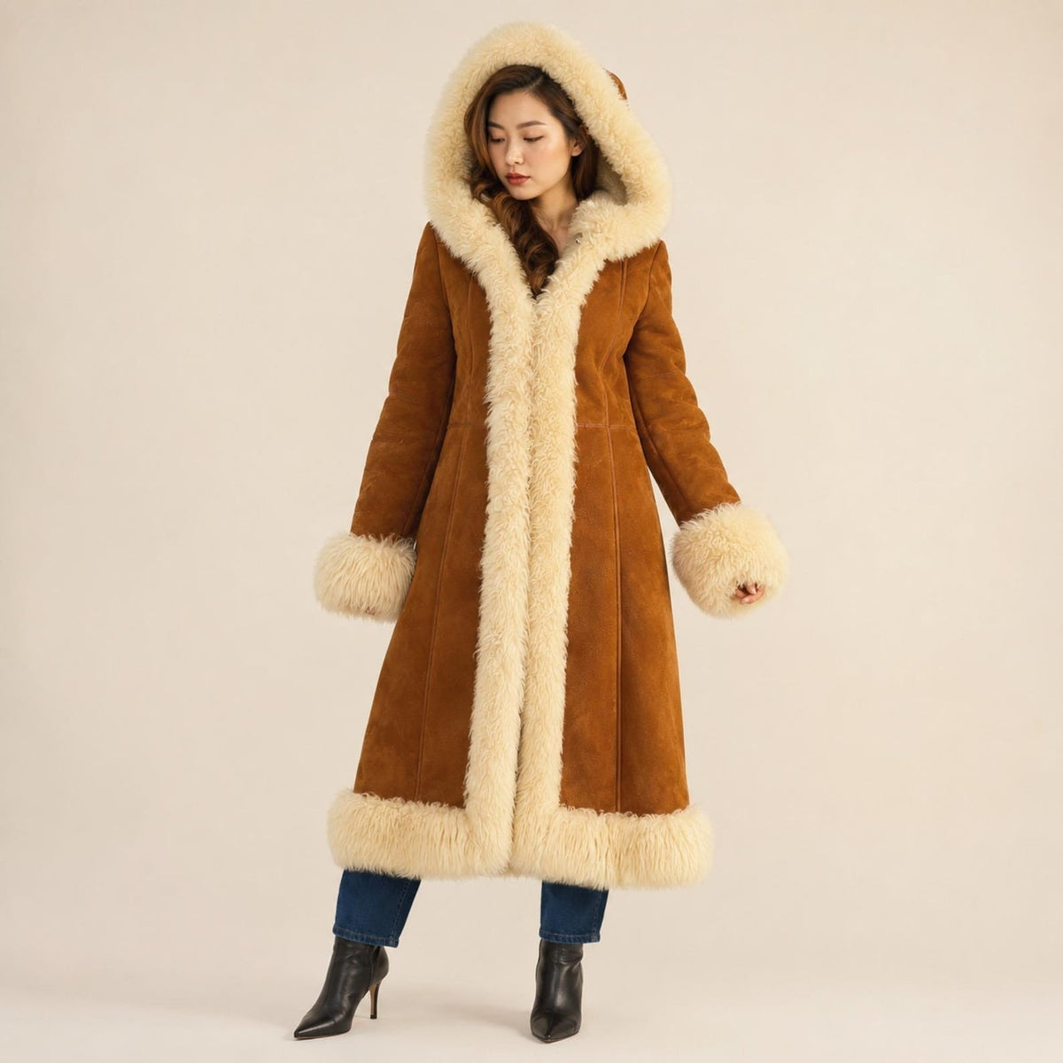 Women’s Long Brown Hooded Penny Lane Coat with Cream Fur Trim