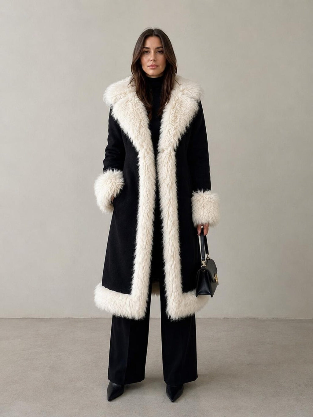 Women’s Black Penny Lane Coat with Cream Fur Trim and Statement Collar