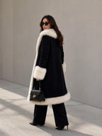 Women’s Black Penny Lane Coat with Cream Fur Trim and Statement Collar
