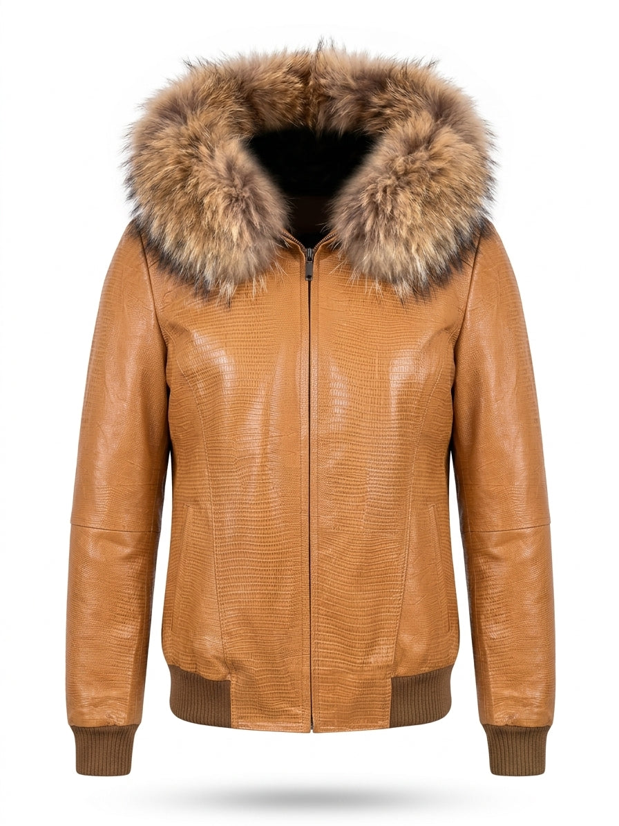 Cognac Croc Leather Bomber with Oversized Fur Hood