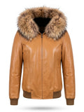 Cognac Croc Leather Bomber with Oversized Fur Hood