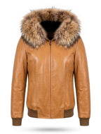 Cognac Croc Leather Bomber with Oversized Fur Hood