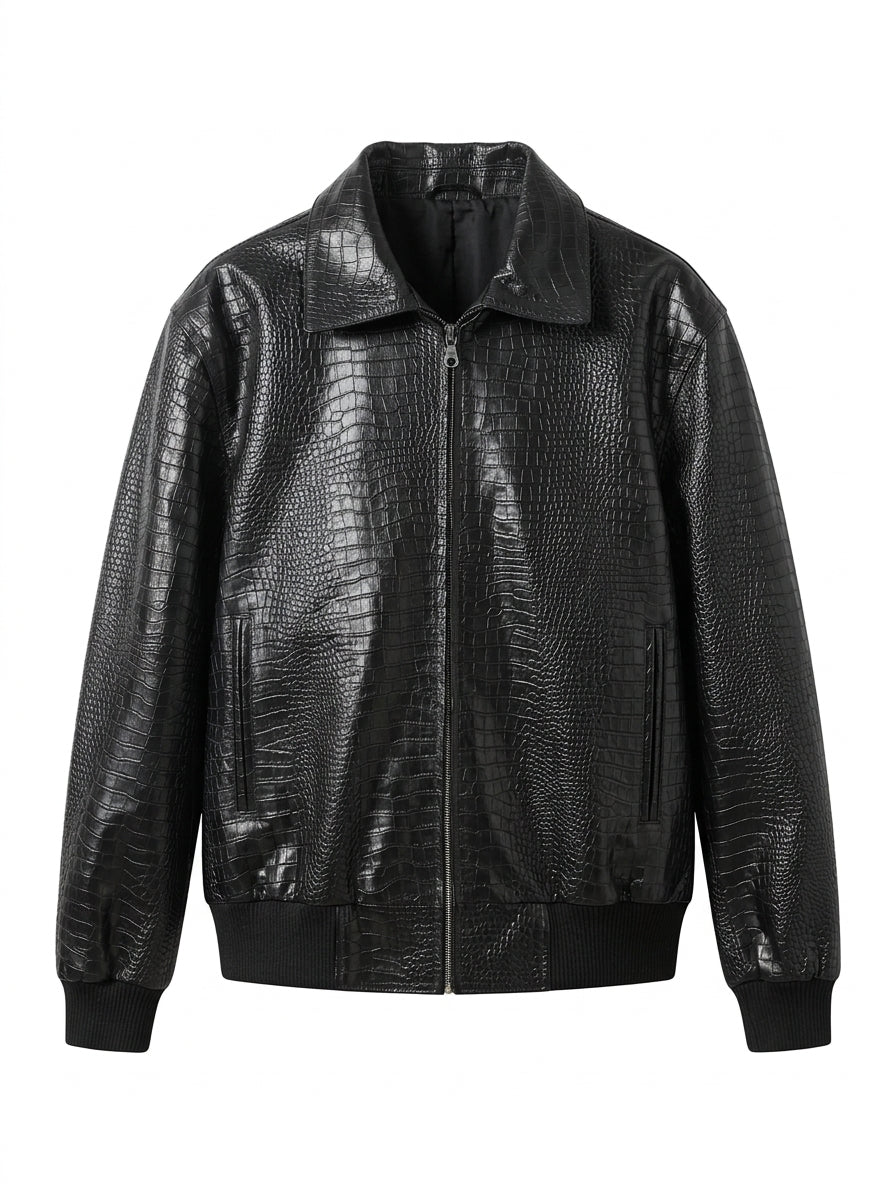 Black Crocodile Leather Bomber Jacket