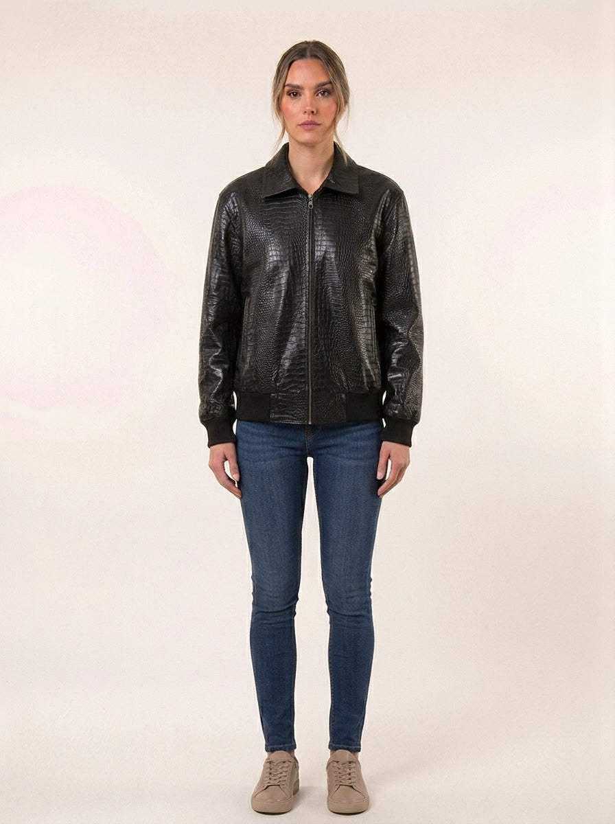 Black Crocodile Leather Bomber Jacket