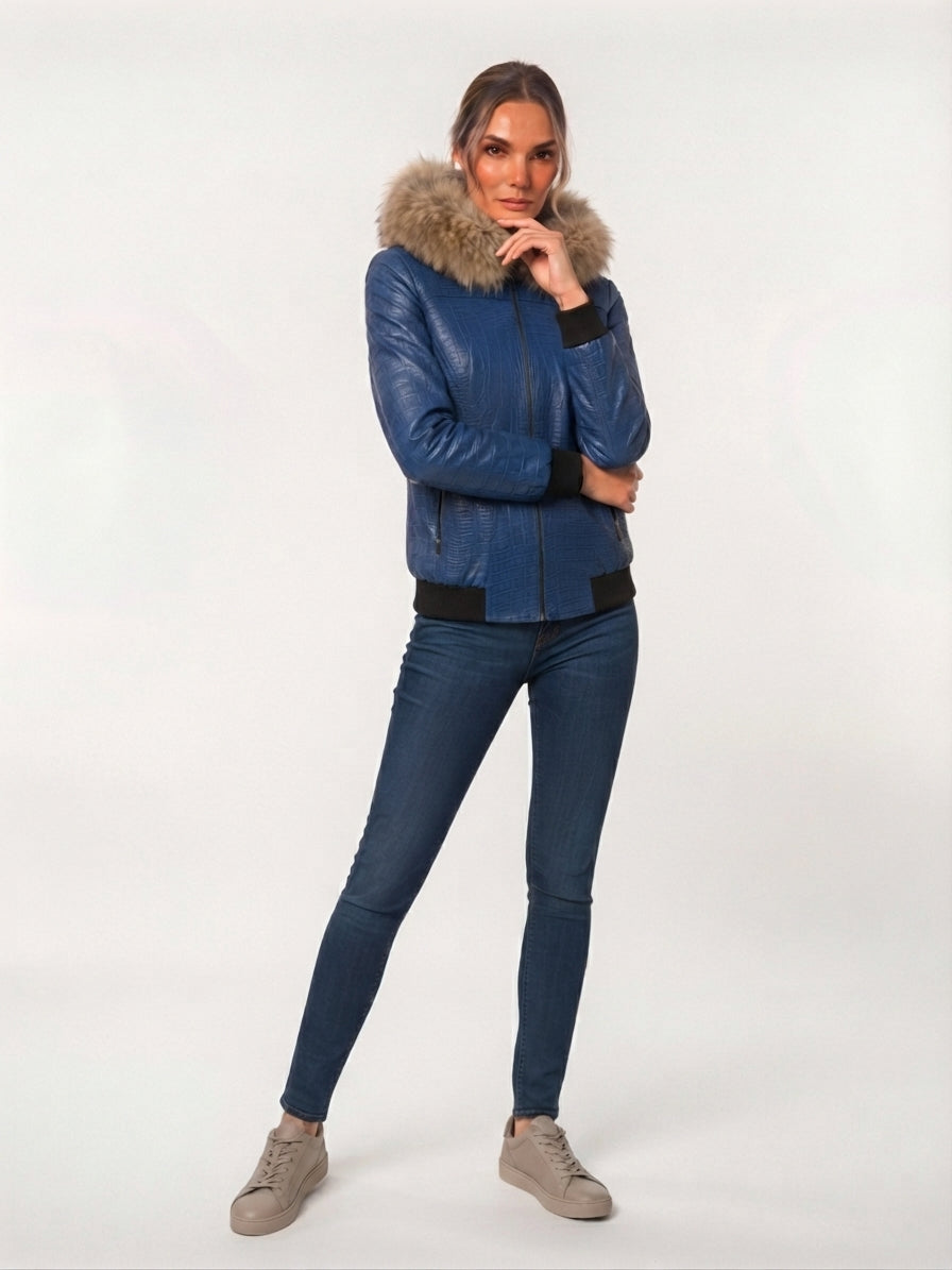 Royal Blue Croc Leather Jacket with Fur Hood