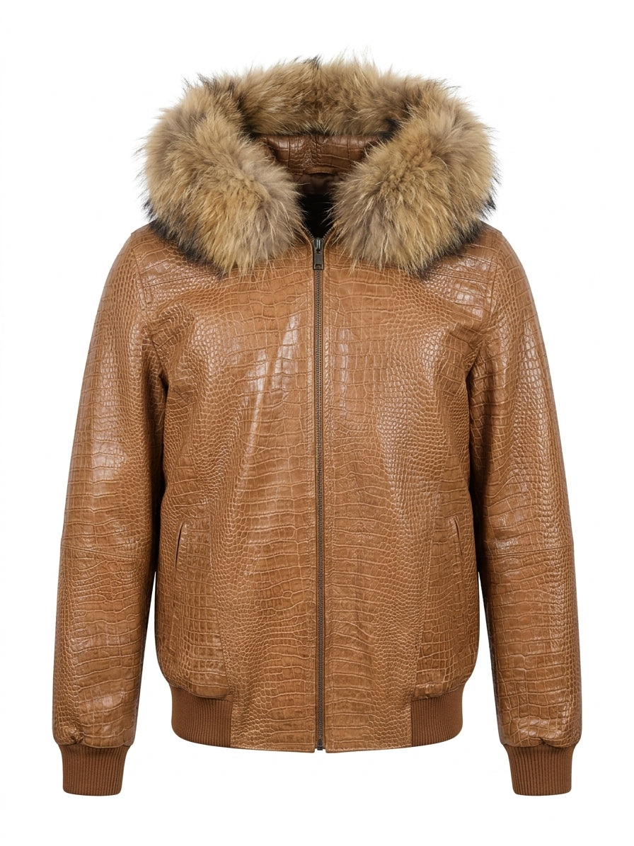 Cognac Croc Fur-Trimmed Leather Jacket