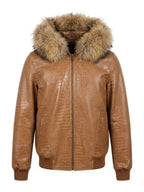 Cognac Croc Fur-Trimmed Leather Jacket