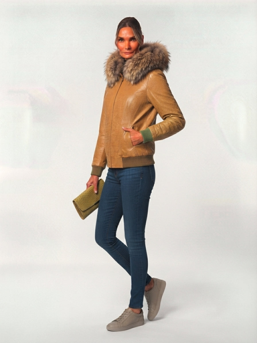 Cognac Croc Leather Bomber with Oversized Fur Hood