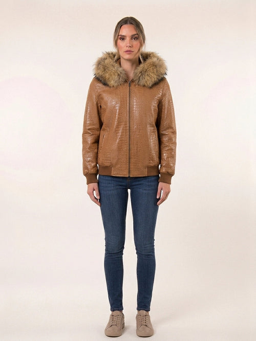 Cognac Croc Fur-Trimmed Leather Jacket