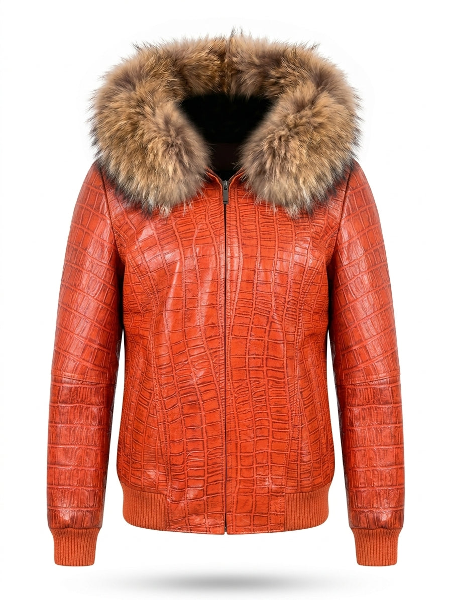 Crimson Croc Leather Jacket with Fur Trim Hood