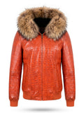 Crimson Croc Leather Jacket with Fur Trim Hood