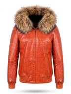 Crimson Croc Leather Jacket with Fur Trim Hood
