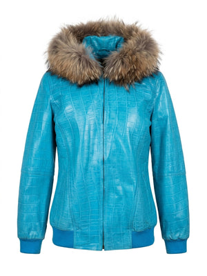 Cyan Blue Croc Leather Jacket with Fur Hood