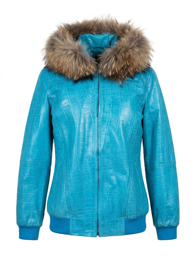 Cyan Blue Croc Leather Jacket with Fur Hood
