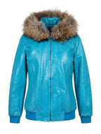 Cyan Blue Croc Leather Jacket with Fur Hood