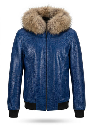 Royal Blue Croc Leather Jacket with Fur Hood