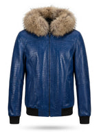 Royal Blue Croc Leather Jacket with Fur Hood