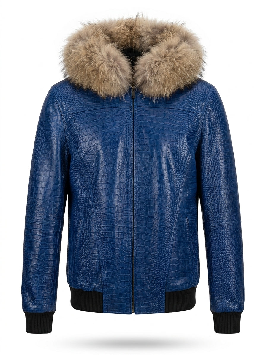 Royal Blue Croc Leather Jacket with Fur Hood