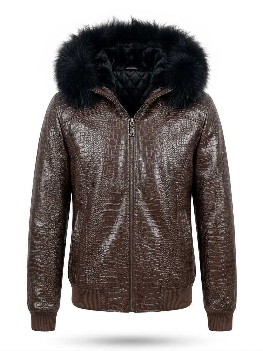 Espresso Croc Hooded Bomber Jacket