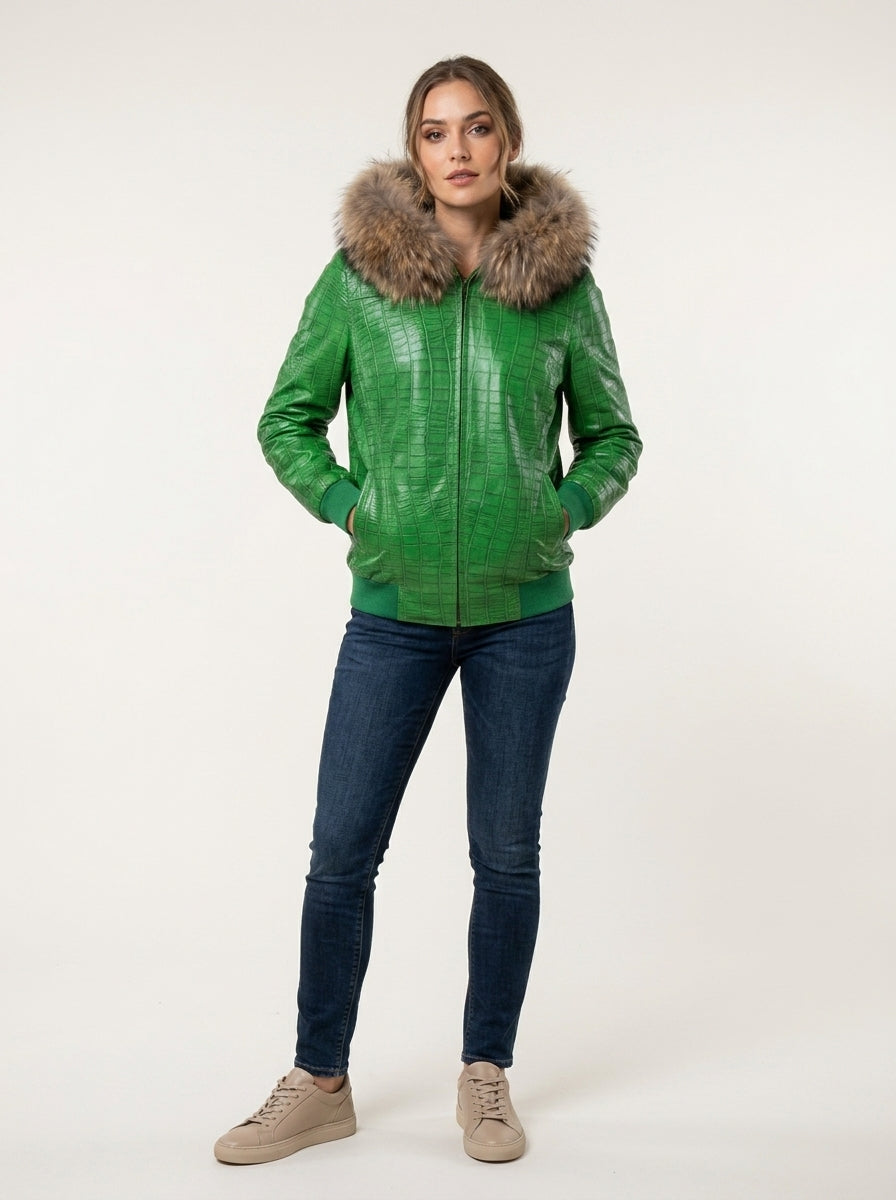 Emerald Croc Leather Bomber with Fur Hood