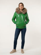 Emerald Croc Leather Bomber with Fur Hood